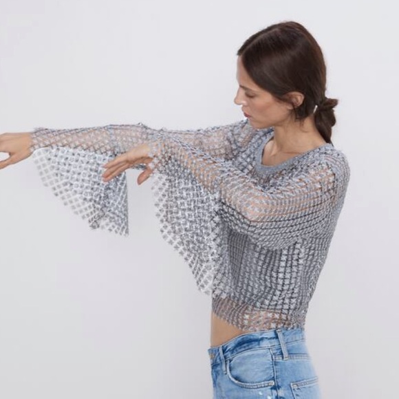 Zara Tops - NWT Zara Metallic Thread Silver Cropped Top